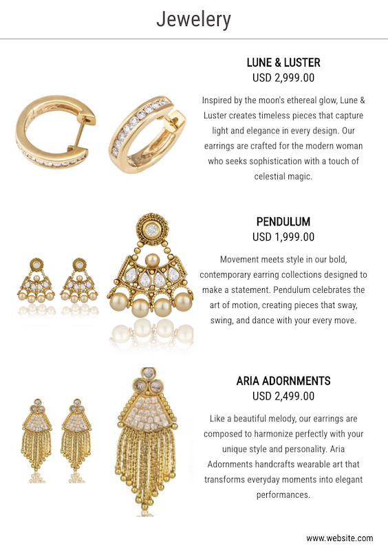 Visual Showcase Layout - Jewelry catalog showing 3 pieces with 2-3 images each